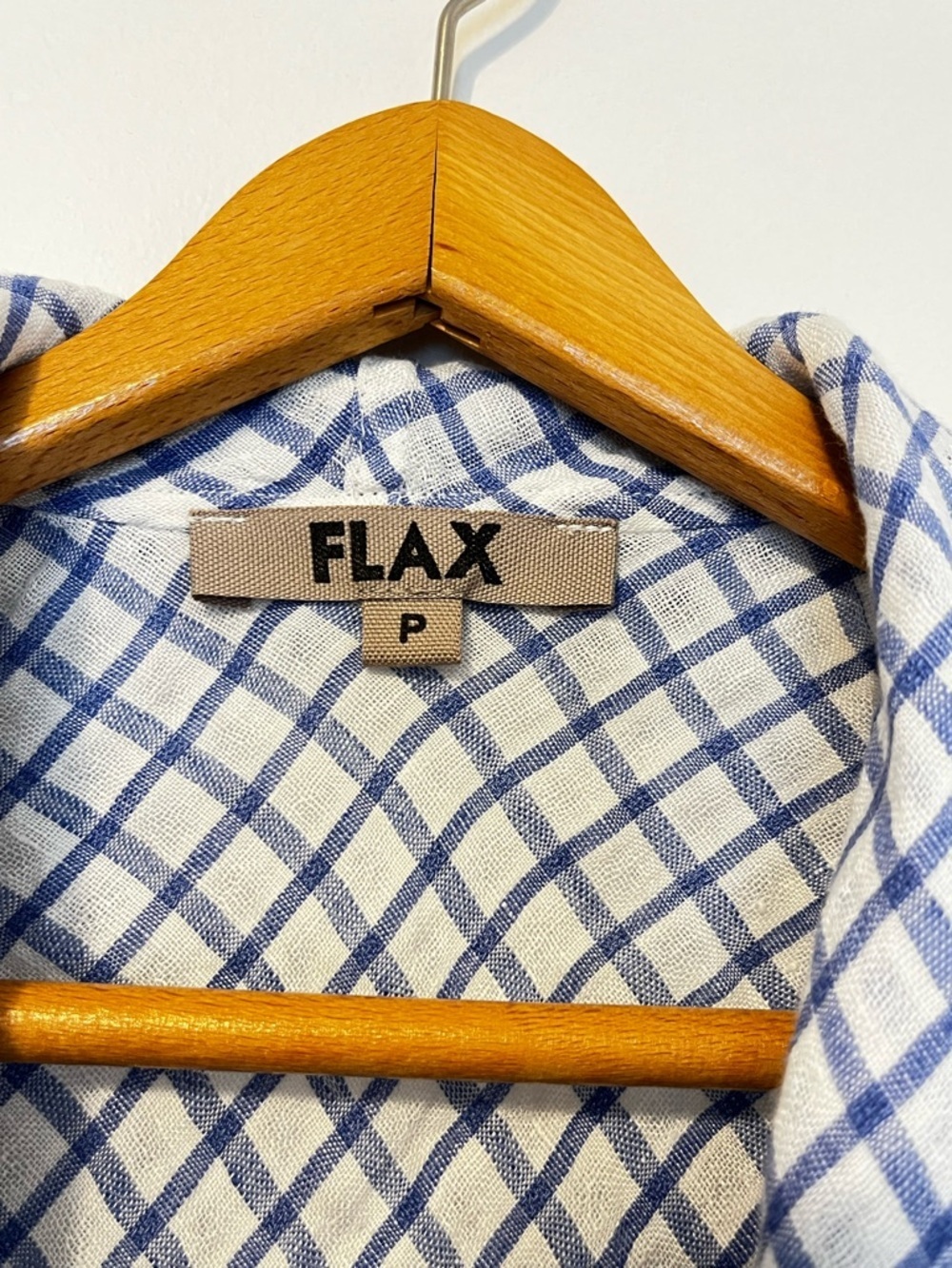 FLAX Linen Open Front Draped Cardigan Jacket Blue White Check Gauze Crop Petite - Picture 9 of 10